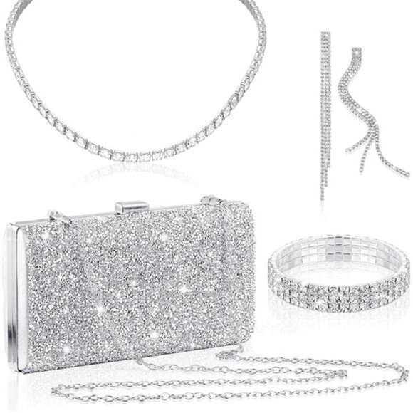 BRAND NEW 4 Pc Women Rhinestone Clutch Bag Bling Earring Necklace Bracelet Set - Picture 7 of 7